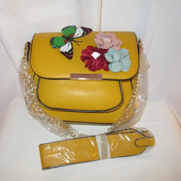 Crossbody Bag 3D Floral Pattern Faux Leather Mustard - Picture 2 of 9